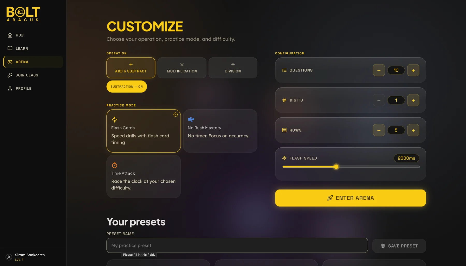 Bolt Abacus Arena customisation screen